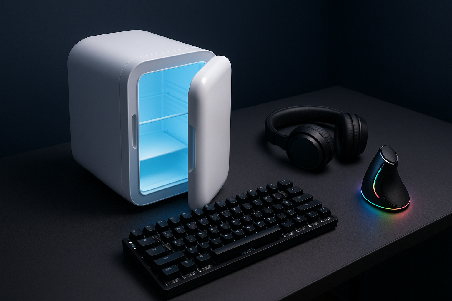 A sleek, compact white mini fridge on a modern desk setup. Soft LED blue lighting glowing from the inside. Next to it, a mechanical keyboard, wireless headphones, and a vertical RGB mouse. Clean, minimalist background in dark blue. No text. Top-down or angled perspective. Aesthetic and high-tech mood.