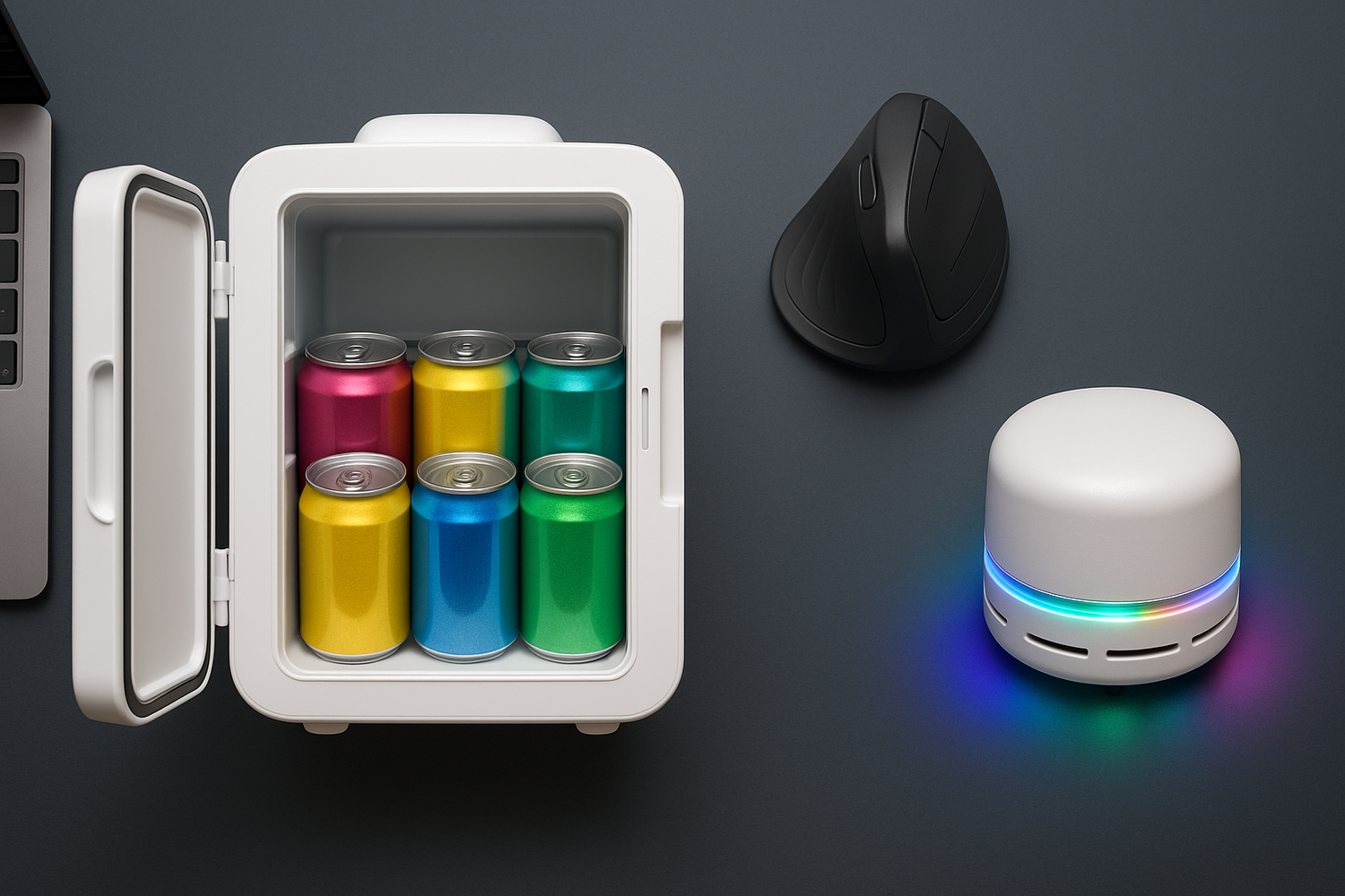 Top-down view of a clean, modern desk setup with a compact white mini fridge open showing energy drinks. Next to it: a vertical ergonomic mouse and a small RGB desk vacuum. Dark blue or grey background. Minimalist, techy vibe. No text.